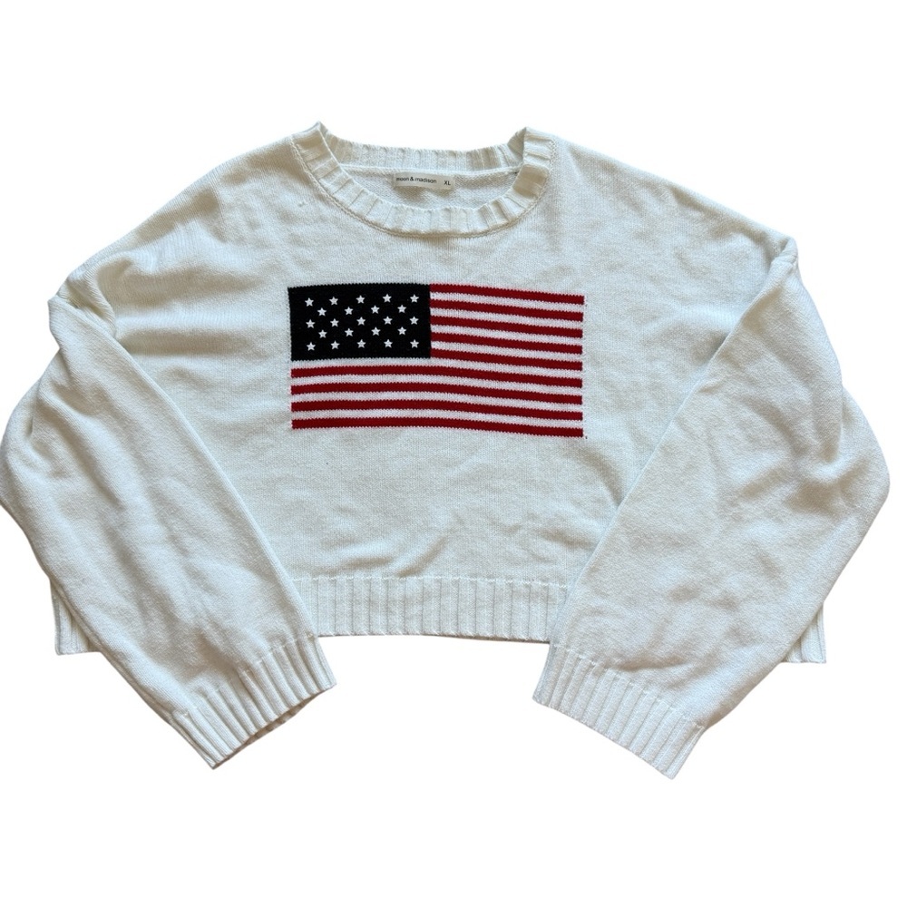 Moon & Madison American Flag Sweater XL Cropped Patriotic Knit Cotton Blend USA